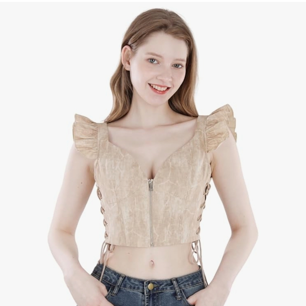 Lace-Up Ruffle Crop Top - Beige